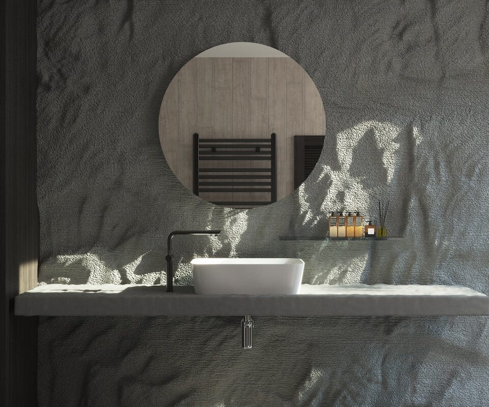 a bathroom with a sink and a mirror