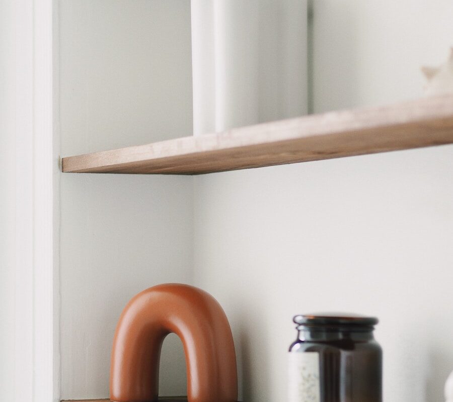 a couple of shelves that have some items on them